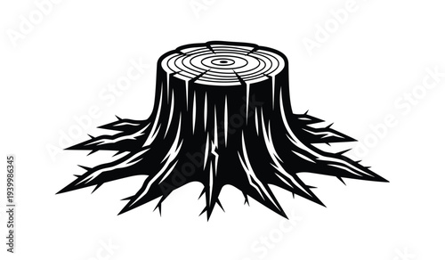 Black and white illustration of a tree stump with visible rings