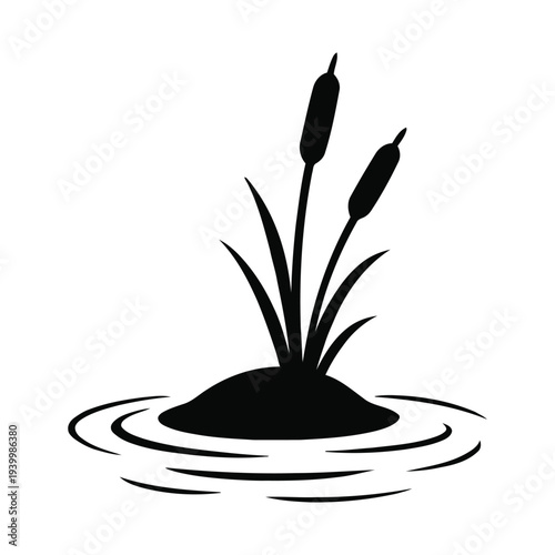 Black silhouette illustration of cattails on a small island in rippling water