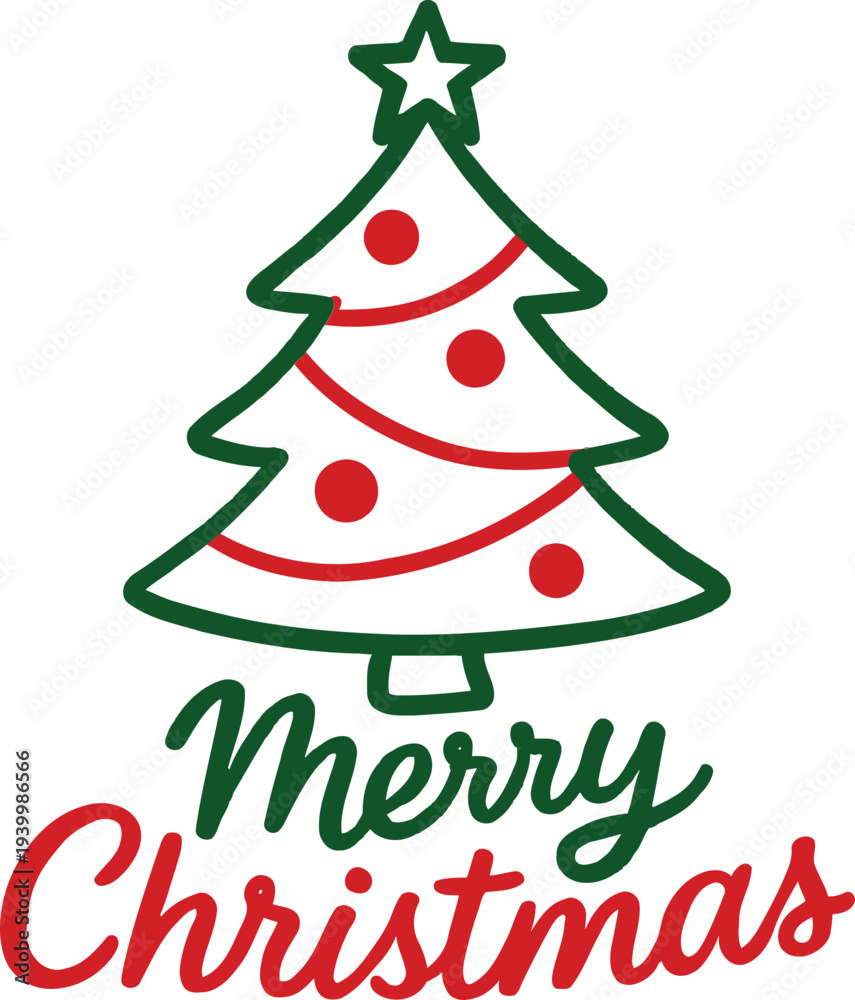 Naklejka premium Merry Christmas illustration featuring tree, decorations, and festive greetings in a graphic design style