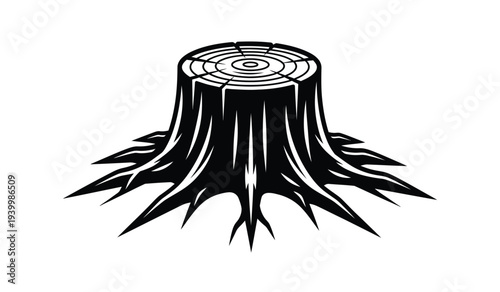 Black and white illustration of a tree stump with roots