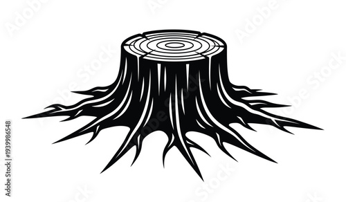 Black and white illustration of a tree stump with exposed roots