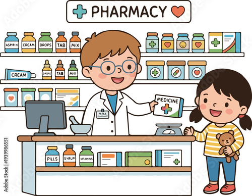 Kid pharmacist holding medicine bottle cartoon illustration