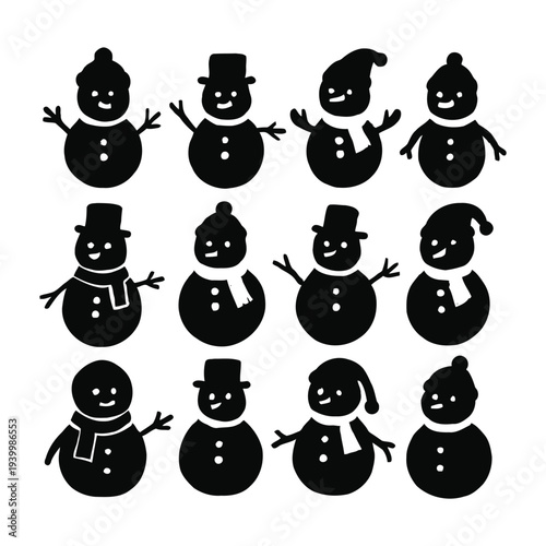 Collection of 16 black snowman silhouettes in various poses and hats on a white background, vector illustration