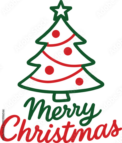Merry Christmas illustration featuring tree, decorations, and festive greetings in a graphic design style