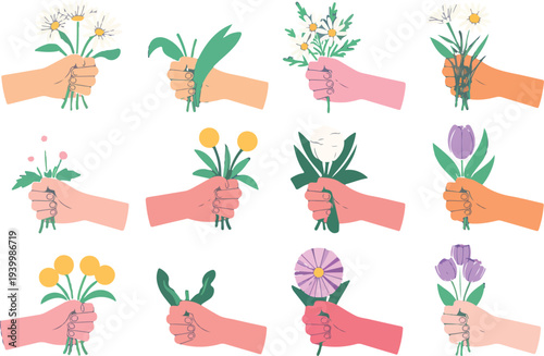 "Different Flowers in Hands Set Featuring People Holding Bouquets of Blooming Meadow Plants and Wildflowers"