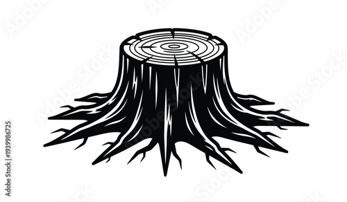 Black and white illustration of a tree stump with roots