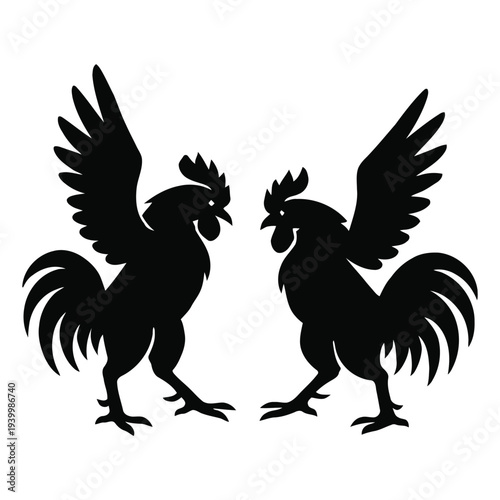 Two Roosters Facing Each Other in Aggressive Posture, Silhouette Illustration, Vector Graphics, Animal Confrontation Scene, 1 (116).eps Reference