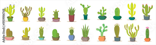  cactus plants in pots set of illustrations