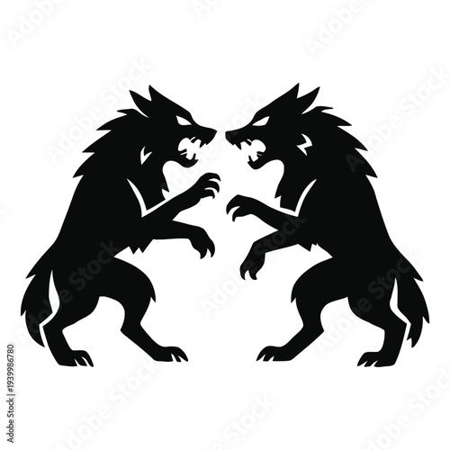 Two wolves facing each other, illustration of aggressive animals, vector graphic