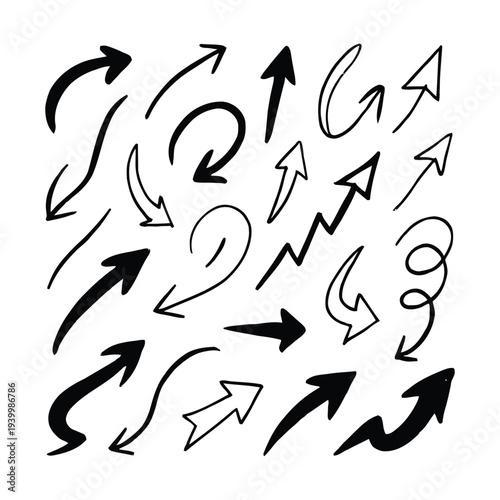 Collection of various black and white arrows pointing in different directions, illustrated in a dynamic and chaotic manner, as seen in '1 (120).eps'