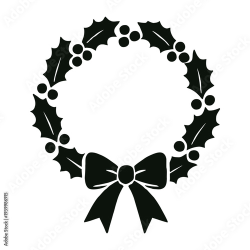 Black holly wreath with bow illustration on transparent background, 1 (130).eps