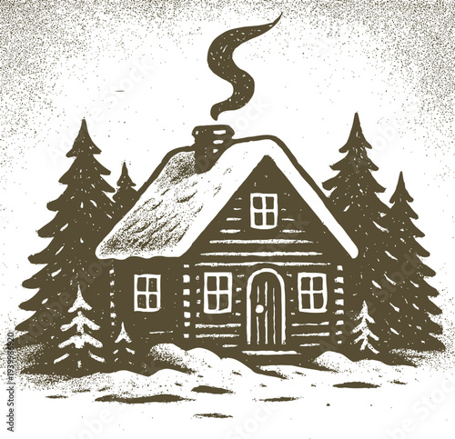 Cozy cabin in snow-covered forest with smoke rising from the chimney, illustration