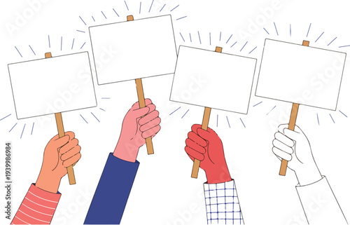 "Cartoon Vector Illustration of People Holding Protest Banners Symbolizing Activism, Freedom, and Social Movement"