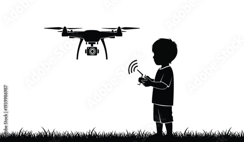 Silhouette of a child operating a drone in a field with a