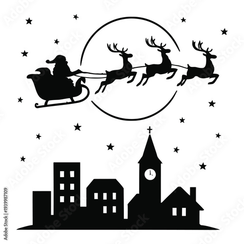 Santa Claus flying over town with reindeer and sleigh on a starry night