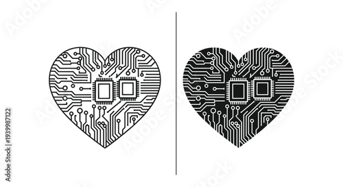 Circuit board heart shapes on white background