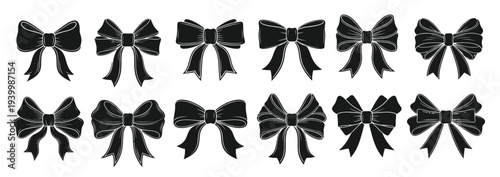 collection of twelve textured black ribbon bows in a grid