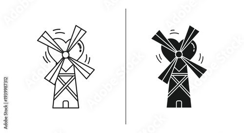 Windmills in motion, black outline and solid black