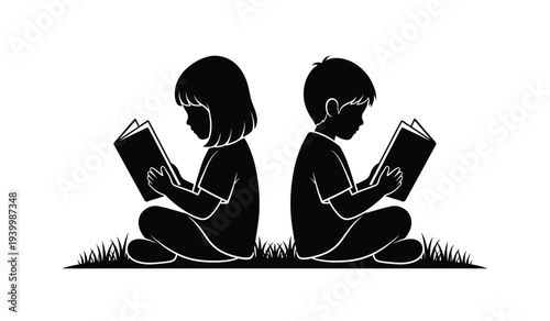Two children sitting on grass reading books together