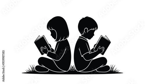 Silhouette of two children sitting back to back reading books on grass