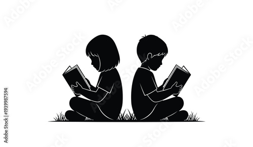 Two children sitting on grass reading books together in black silhouette