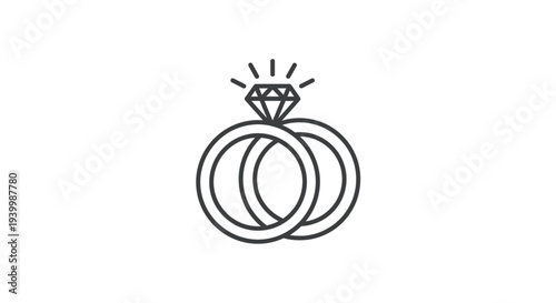 Elegant vector illustration of two interlocking wedding rings, one sparkling with a brilliant diamond.