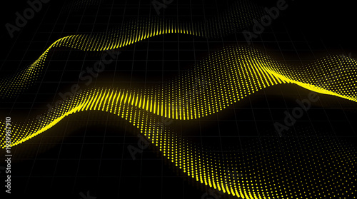 Abstract digital waves formed by yellow glowing dots on a black grid background, creating a futuristic and dynamic sense of motion and energy