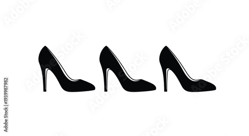 Striking black high heel shoe silhouette icon design featuring three elegant footwear objects