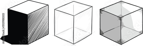 Cube drawing techniques vector set showing shaded cube, construction sketch and transparent cube perspective study for art education and design