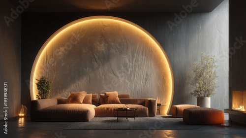 minimalist luxury living room with brown sofa and golden arch illuminated wall feature, soft shadows and elegant modern aesthetic