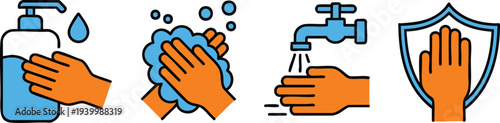 Hand Washing and Sanitizing Step-by-Step Icons, Hand washing icon silhouette , vector, illustration, silhouette.