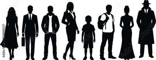 people silhouettes diverse characters men women child standing profiles business casual fashion isolated vector illustration set