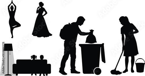 people daily activities silhouettes yoga woman cleaning trash watching tv home lifestyle routine isolated vector illustration set