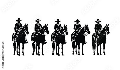 Silhouettes of five cowboys riding horses