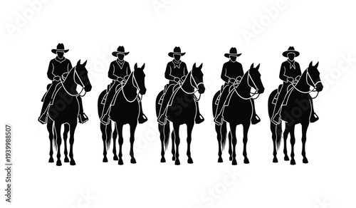 Silhouette of five cowboys riding horses in a row