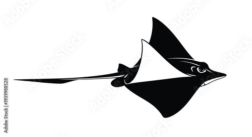 Stylized black and white vector graphic illustration of an aggressive looking stingray swimming