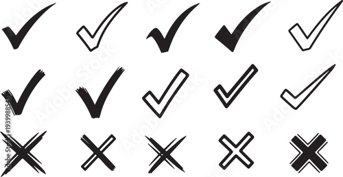 Various check marks and cross symbols in different styles and thicknesses