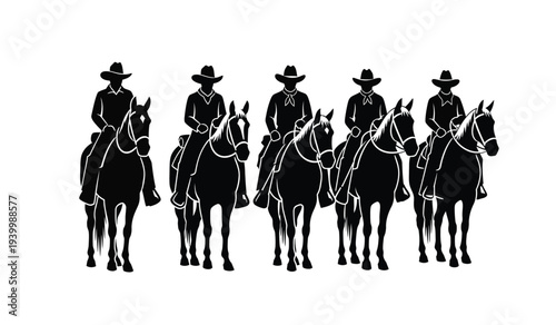 Group of cowboys on horseback riding in a line, black silhouettes