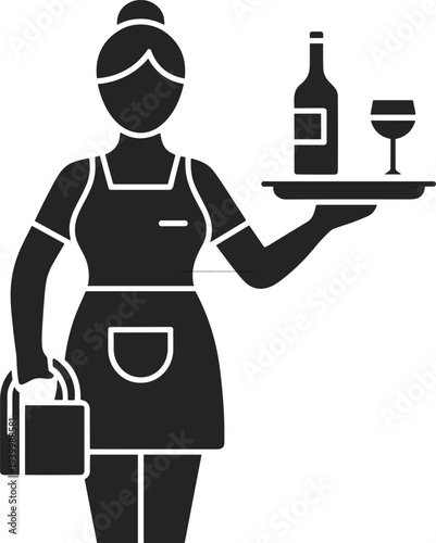 Female waitress icon holding tray with wine bottle and glass, hospitality service worker silhouette vector illustration isolated on white background restaurant industry