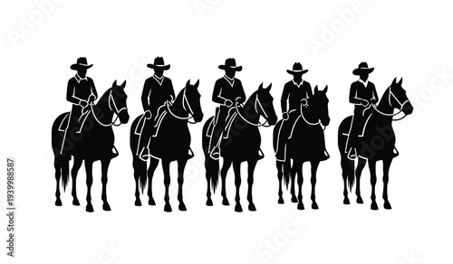 Silhouette of cowboys riding horses in a line