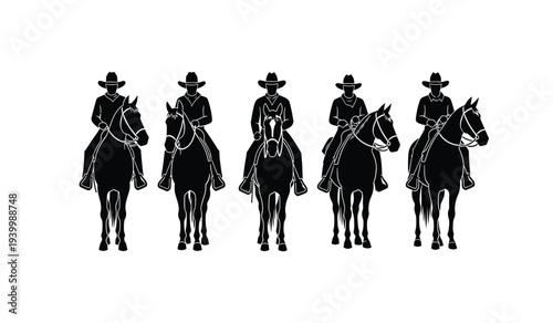Silhouette of five cowboys riding horses