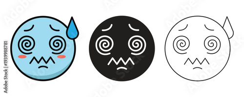 Blue Dizzy and Nausea Face Emoji Combo with Outline and Silhouette Vector Assets