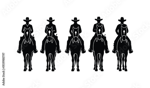 Group of cowboy silhouettes riding horses