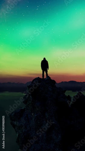 Wallpaper Mural Adventurer Standing on a Mountain Peak Under a Breathtaking Aurora Borealis Sky Torontodigital.ca