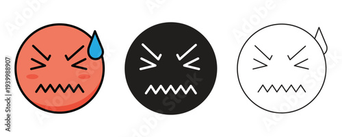 Red Angry and Painful Face Emoji Combo with Outline and Silhouette Vector Assets