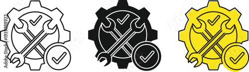 Gear maintenance repair icon set with crossed wrench tools and check mark symbol representing engineering service support solution vector illustration