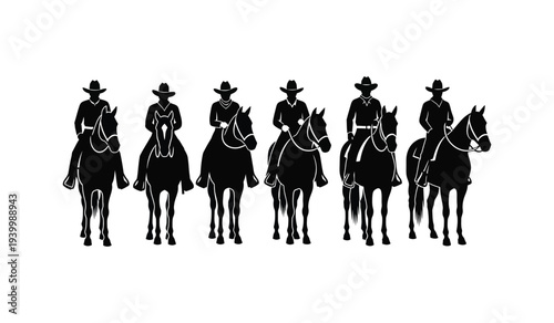 Group of cowboys riding horses in a line