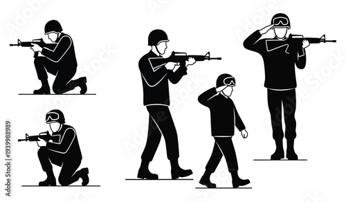 Illustration of soldier in various combat poses with rifle