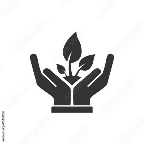 Hands holding plant icon representing environmental protection and sustainability