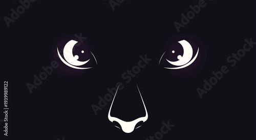 Abstract minimal illustration of glowing white eyes and a nose emerging from the pitch black darkness creating a mysterious effect.